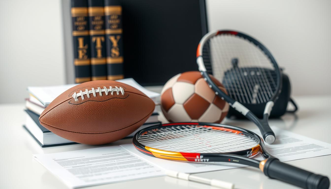 Sportrecht Grundlagen mit Gesetzbüchern und Sportutensilien