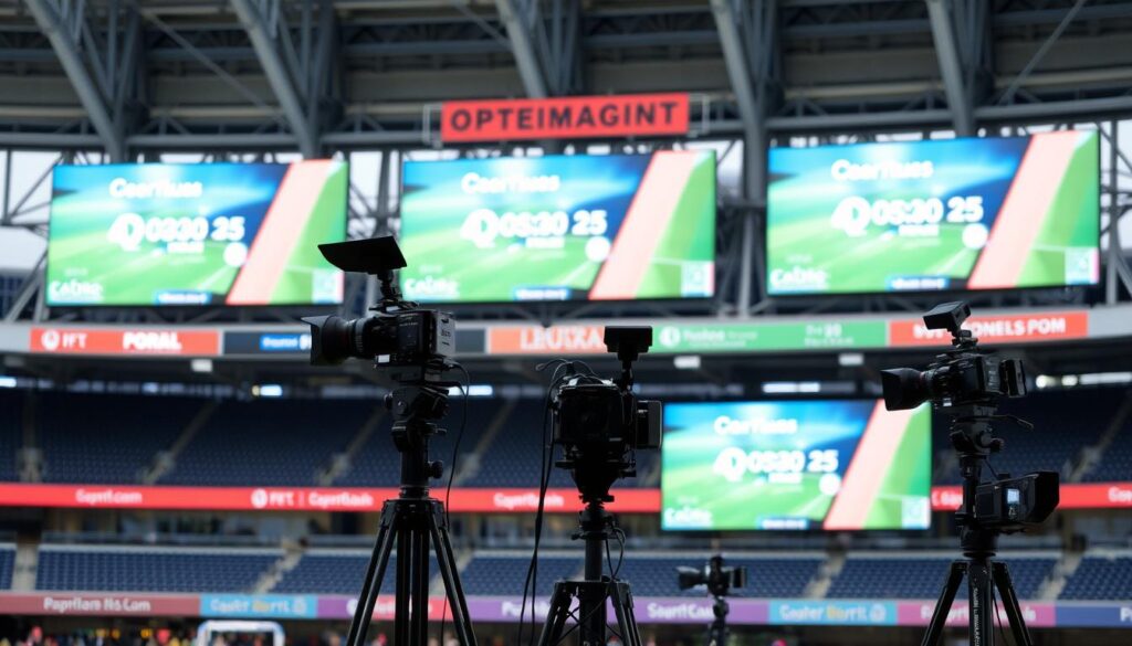 Sportstadion mit Werbebanden und TV-Kameras Sportstadion mit Werbebanden und TV-Kameras