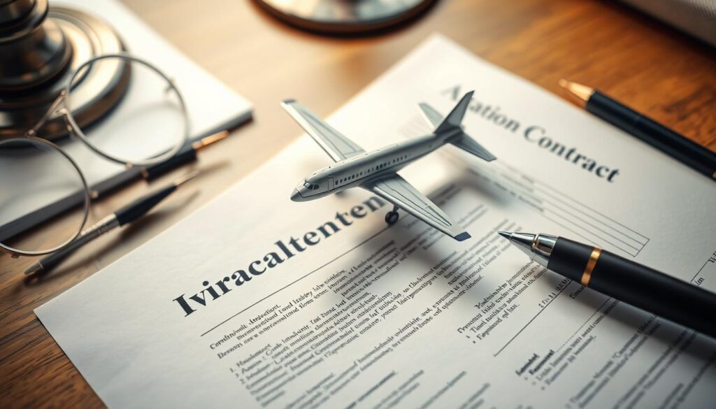 Symbolbild für Haftung im Luftrecht: Vertragsdokumente mit Flugzeugmodell Symbolbild für Haftung im Luftrecht: Vertragsdokumente mit Flugzeugmodell