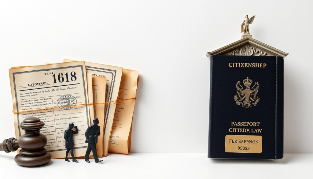 Symbolische Darstellung der Entwicklung des Staatsangehörigkeitsrechts mit historischen und modernen Elementen Symbolische Darstellung der Entwicklung des Staatsangehörigkeitsrechts mit historischen und modernen Elementen