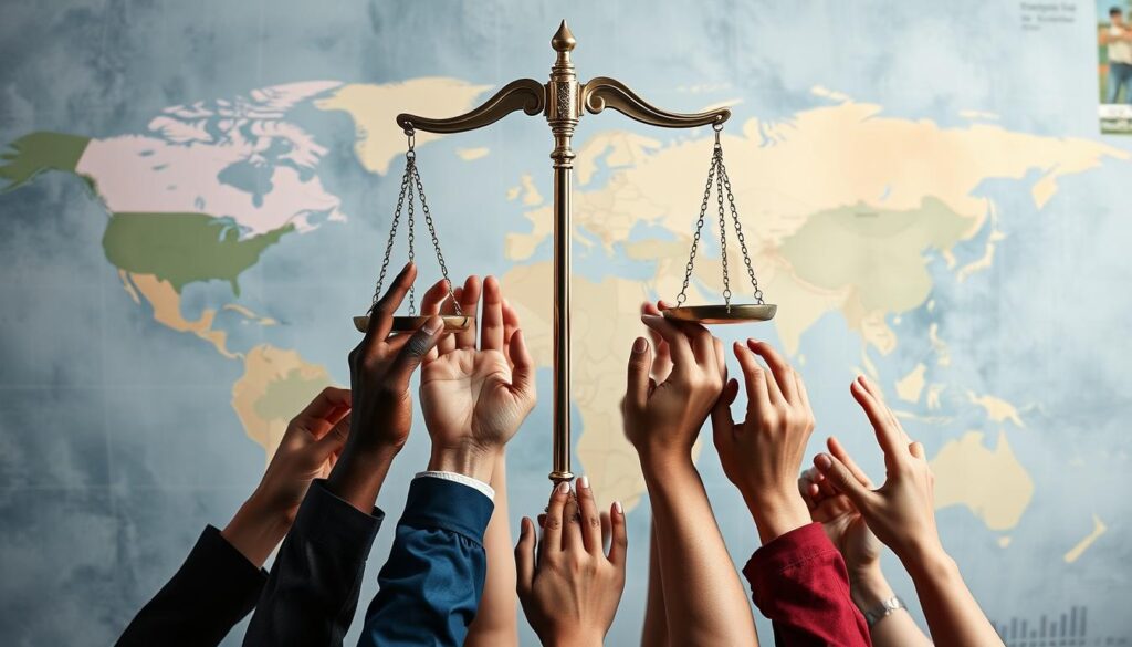 Symbolische Darstellung der globalen Bedeutung des Völkerstrafrechts für Gerechtigkeit und Frieden Symbolische Darstellung der globalen Bedeutung des Völkerstrafrechts für Gerechtigkeit und Frieden