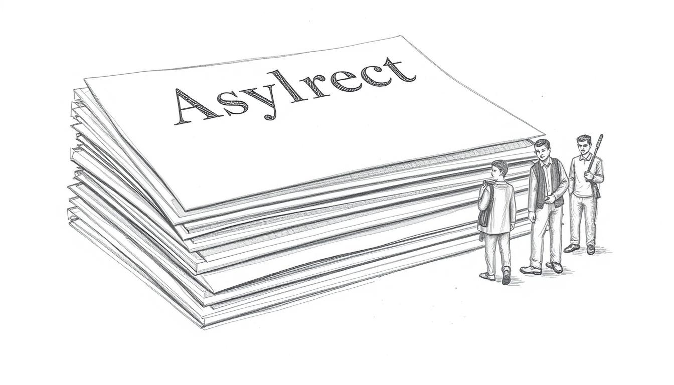 Symbolische Darstellung des Asylrechts mit Paragraphen und schutzsuchenden Menschen