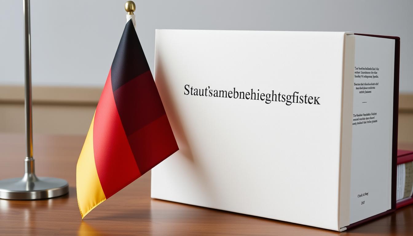 Symbolische Darstellung des Staatsangehörigkeitsrechts mit Gesetzbuch und deutscher Flagge