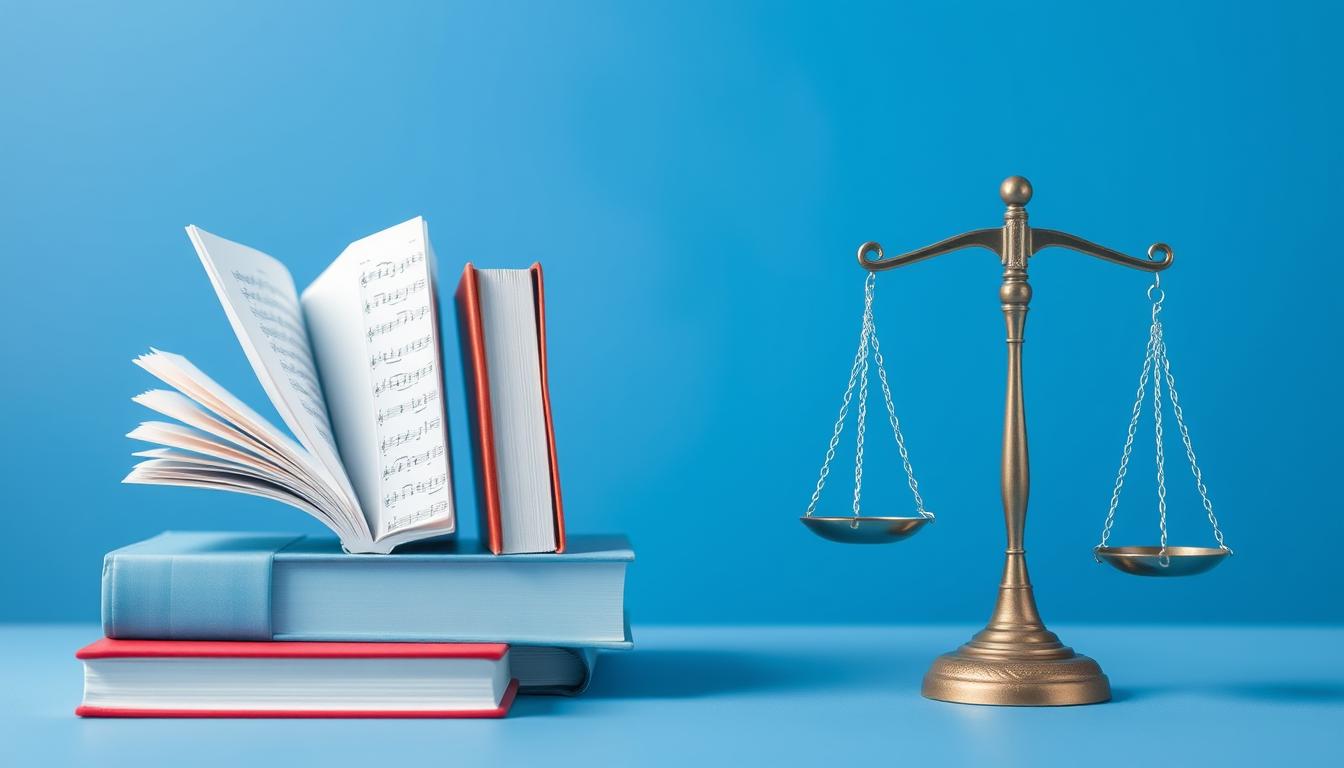 Symbolische Darstellung des Urheberrechts mit Büchern, Musiknoten und einem Paragraphensymbol