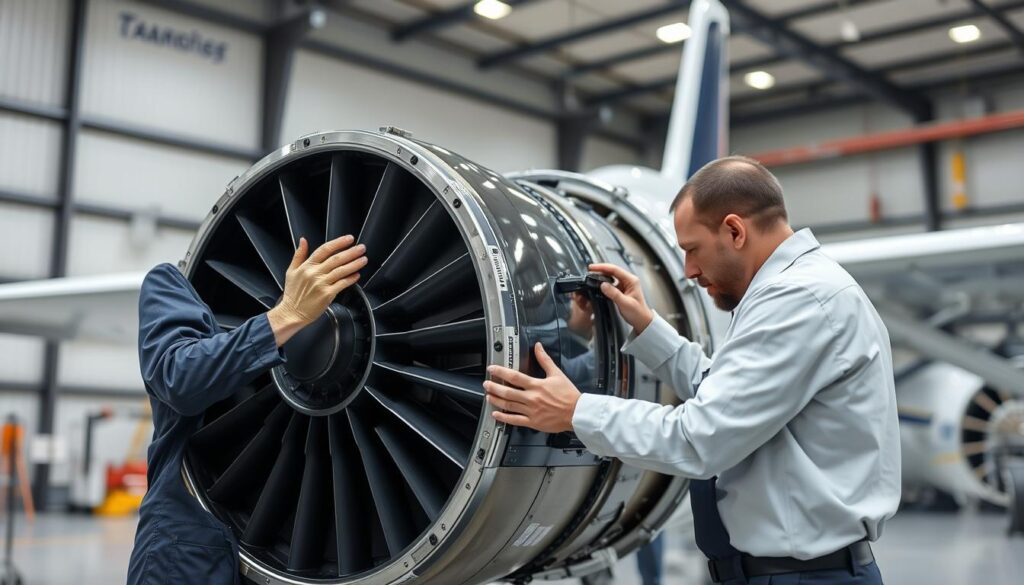 Techniker bei der Sicherheitsinspektion eines Flugzeugs gemäß Lufttüchtigkeitsvorschriften Techniker bei der Sicherheitsinspektion eines Flugzeugs gemäß Lufttüchtigkeitsvorschriften