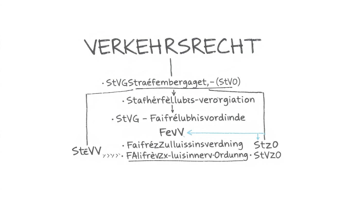 Textbasierte Bleistiftskizze der Grundstruktur des deutschen Verkehrsrechts mit den wichtigsten Gesetzen und Verordnungen