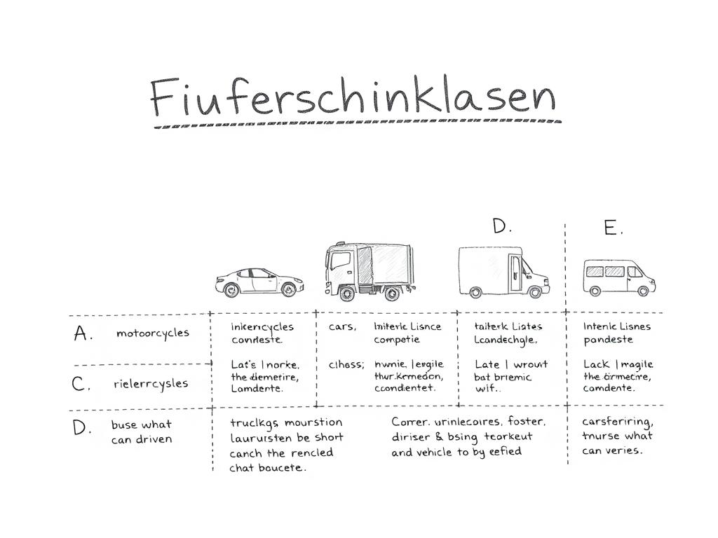 Textbasierte Bleistiftskizze der verschiedenen Führerscheinklassen mit ihren Berechtigungen Textbasierte Bleistiftskizze der verschiedenen Führerscheinklassen mit ihren Berechtigungen