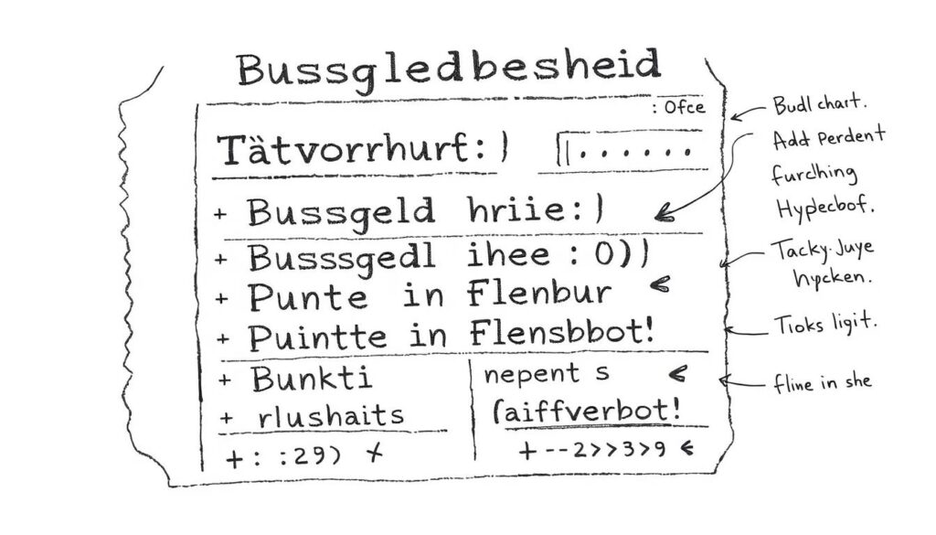Textbasierte Bleistiftskizze eines Bußgeldbescheids mit typischen Elementen und Erklärungen Textbasierte Bleistiftskizze eines Bußgeldbescheids mit typischen Elementen und Erklärungen
