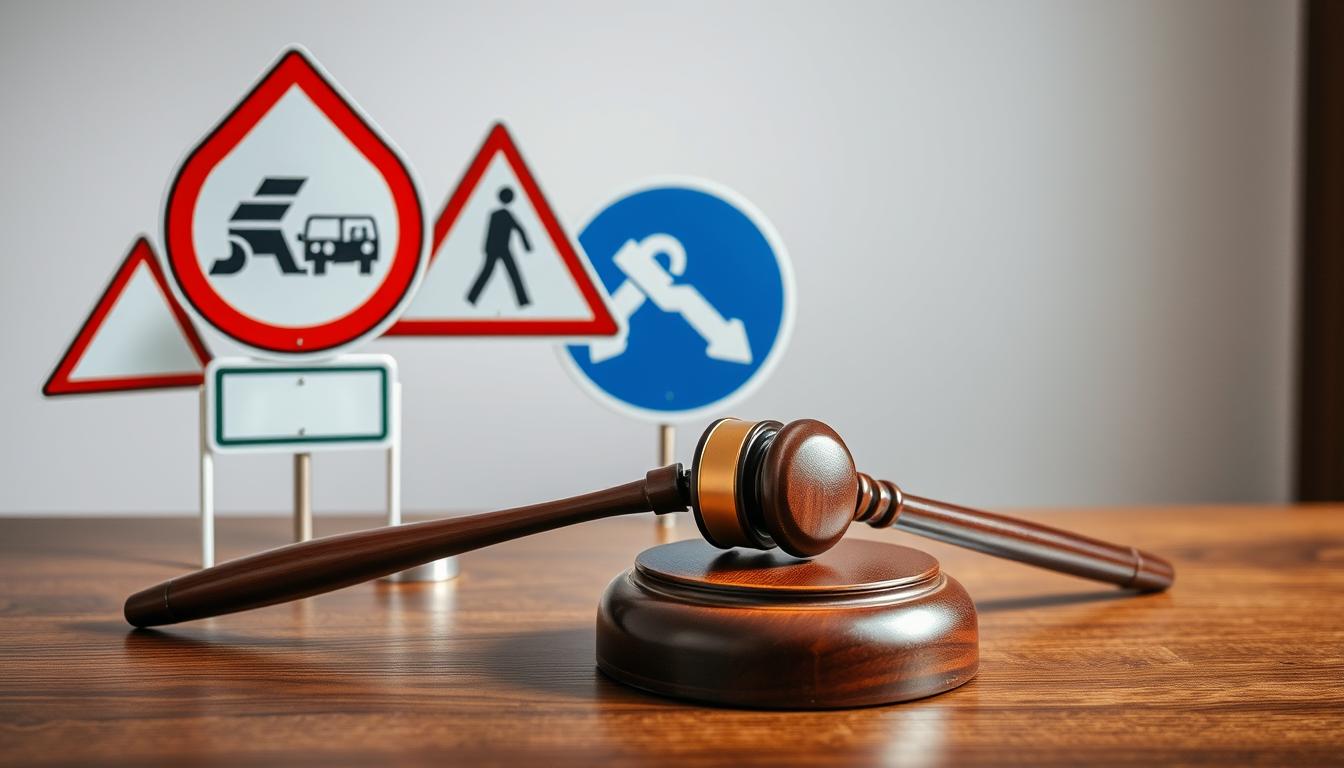 Verkehrsstrafrecht symbolisiert durch Verkehrsschilder und einen Richterhammer