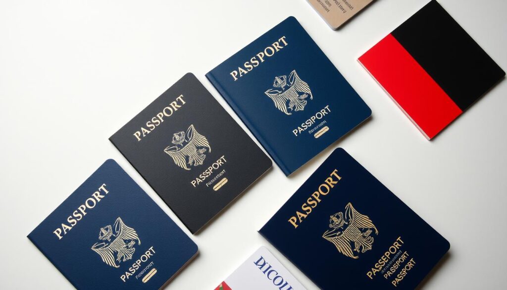 Verschiedene Pässe nebeneinander als Symbol für Mehrstaatigkeit Verschiedene Pässe nebeneinander als Symbol für Mehrstaatigkeit