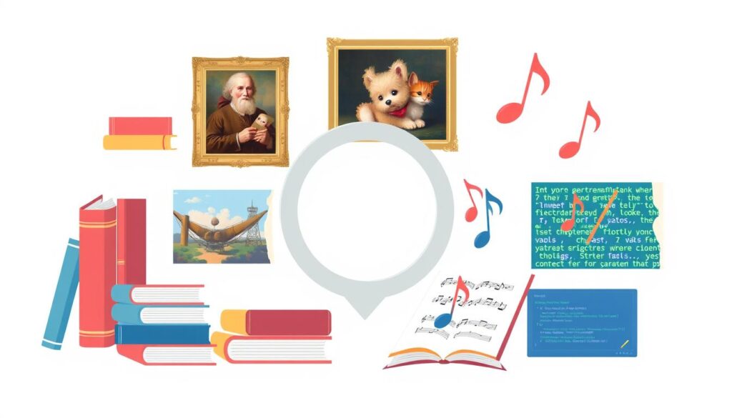 Verschiedene urheberrechtlich geschützte Werkarten wie Bücher, Gemälde, Musiknoten und Computerprogramme Verschiedene urheberrechtlich geschützte Werkarten wie Bücher, Gemälde, Musiknoten und Computerprogramme
