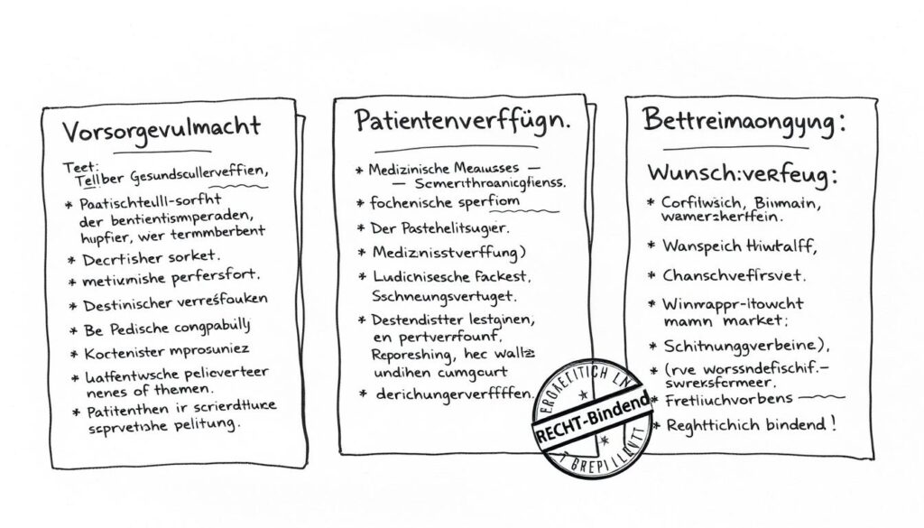 Vorsorgedokumente im Pflegerecht mit Textbeschriftungen zu den verschiedenen Vollmachten und Verfügungen Vorsorgedokumente im Pflegerecht mit Textbeschriftungen zu den verschiedenen Vollmachten und Verfügungen