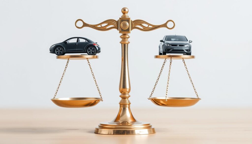 Waage der Gerechtigkeit mit Autosymbolen auf beiden Seiten zur Darstellung der Haftungsverteilung im Verkehrsunfallrecht Waage der Gerechtigkeit mit Autosymbolen auf beiden Seiten zur Darstellung der Haftungsverteilung im Verkehrsunfallrecht
