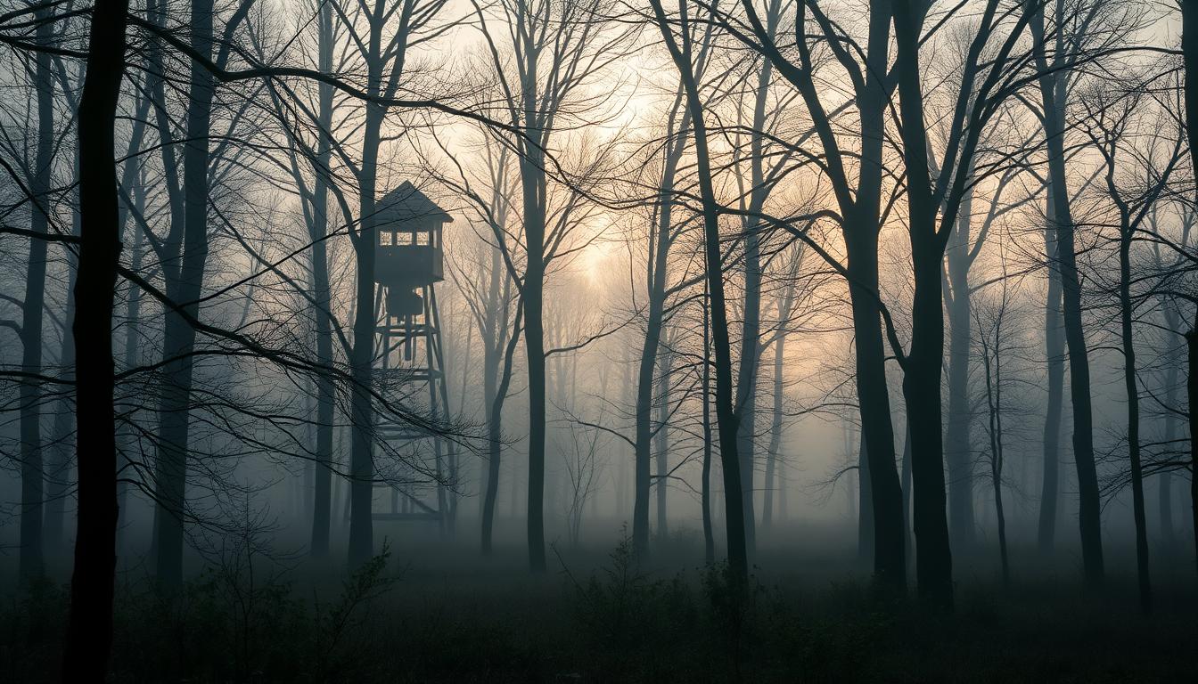 Waldlandschaft mit Hochsitz im Morgennebel als Symbol für das Jagdrecht