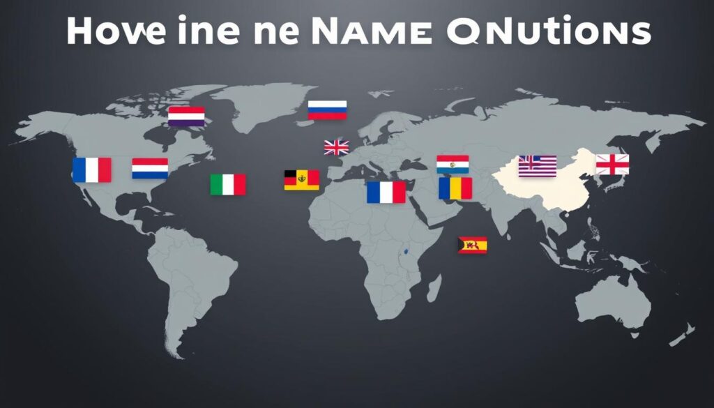 Weltkarte mit verschiedenen Namenstraditionen und Flaggen als Symbol für internationale Namenskonflikte Weltkarte mit verschiedenen Namenstraditionen und Flaggen als Symbol für internationale Namenskonflikte