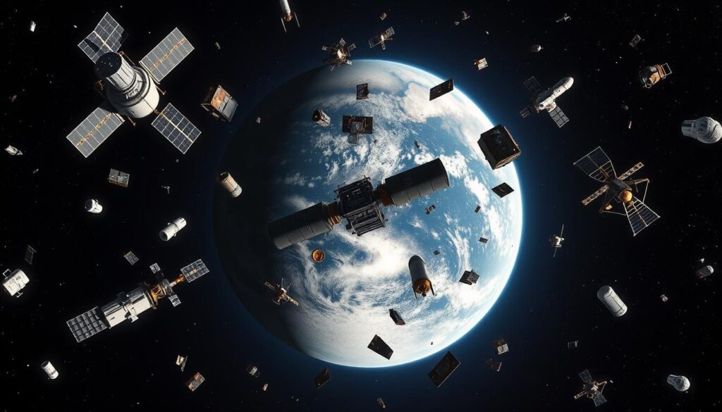 Weltraumschrott umkreist die Erde als Symbol für aktuelle Herausforderungen im Weltraumrecht Weltraumschrott umkreist die Erde als Symbol für aktuelle Herausforderungen im Weltraumrecht