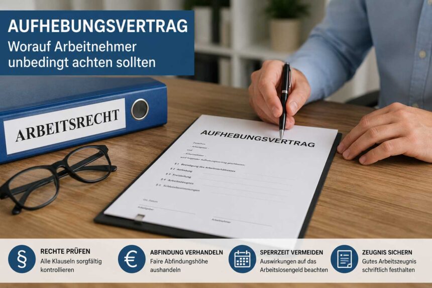 Arbeitnehmer prüft einen Aufhebungsvertrag am Schreibtisch mit Hinweisen zu Abfindung, Sperrzeit und Arbeitszeugnis