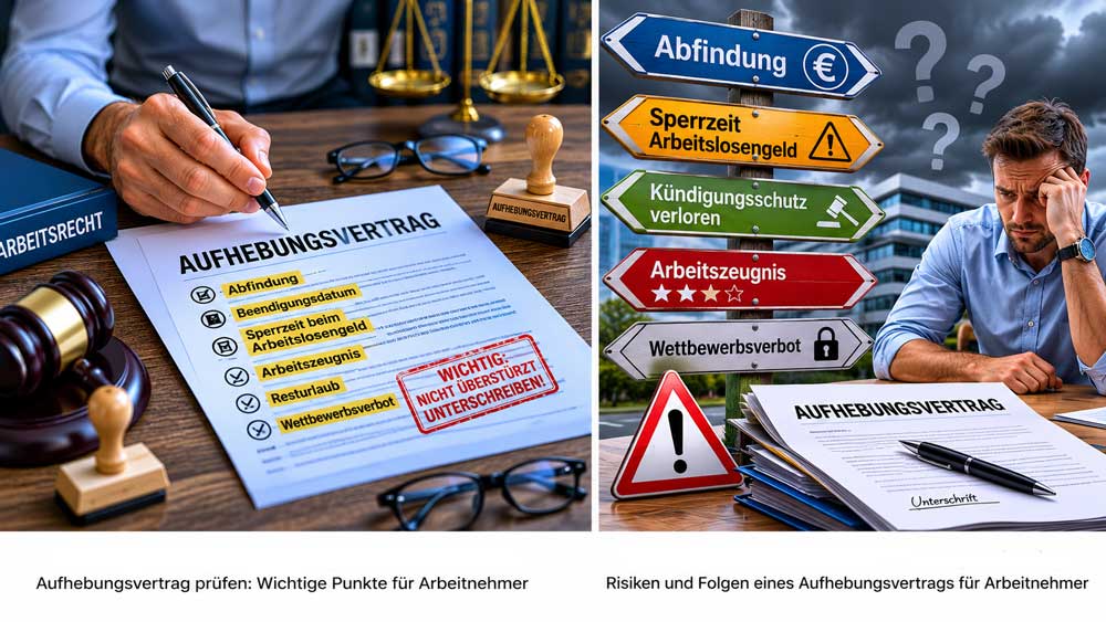 Symbolbild zu den Risiken eines Aufhebungsvertrags mit Hinweisen auf Arbeitslosengeld, Kündigungsschutz und Wettbewerbsverbot.
