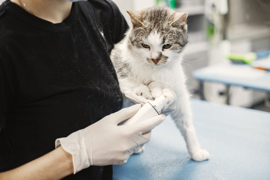 Tierärztin untersucht eine Katze in der Praxis